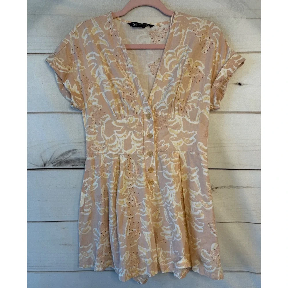 Zara Womens Peach Tropical Palm Eyelet Linen Blend Button Front Romper Small